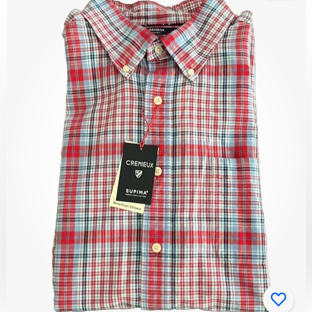NWT Cremieux XL Red Blue White Plaid Short Sleeve Button Up Shirt w/ Front Pkt